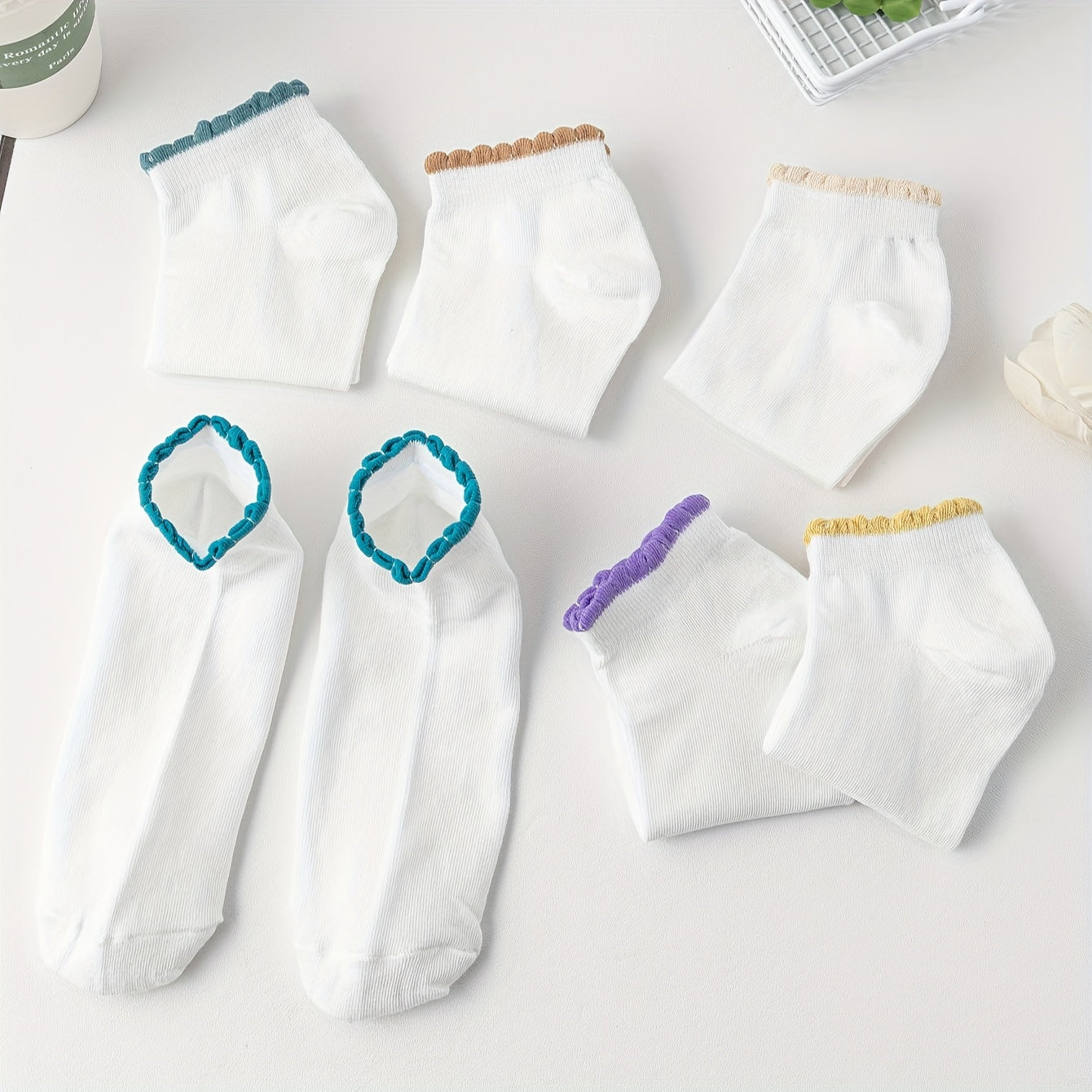 6 Pairs Essential Short Socks with Colorful Trim
