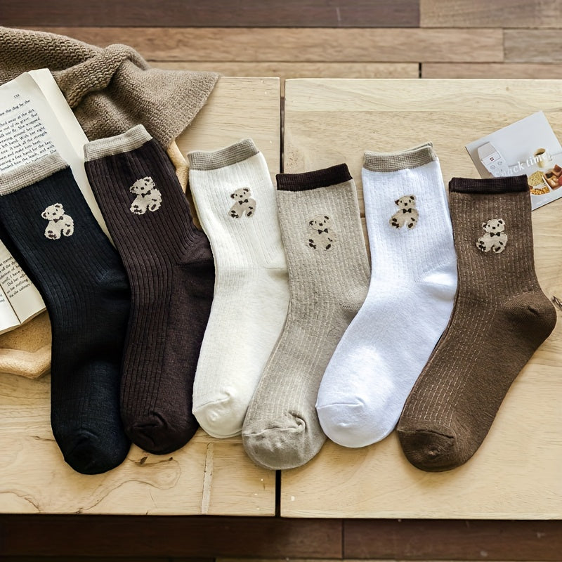 6 Pairs Cartoon Bear Print Socks Cute & Comfy Women's Mid Tube Stockings