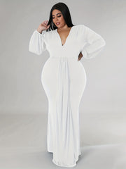 Sexy Dress Solid Lantern Sleeve V Neck High Split Maxi Dress