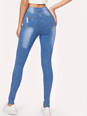 Distressed Skinny Jeans Button Fly Stretchy Denim Pants