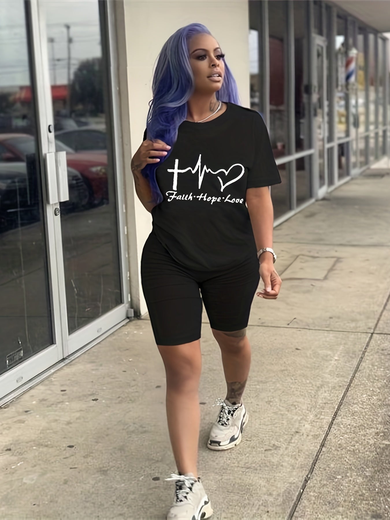 Faith & Love Print 2 Pc Set Short Sleeve T Shirt & Shorts for Women