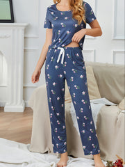 Floral Print Pajama Set Short Sleeve Top & Pants Sleepwear