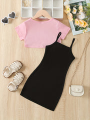 2pcs Toddler Girls BE HAPPY Graphic T Shirts & Cami Dress Set
