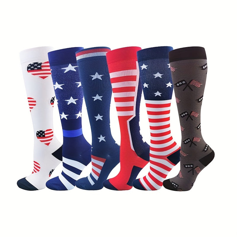 6 Pairs Striped Compression Socks American Flag Sport Wear Resistant