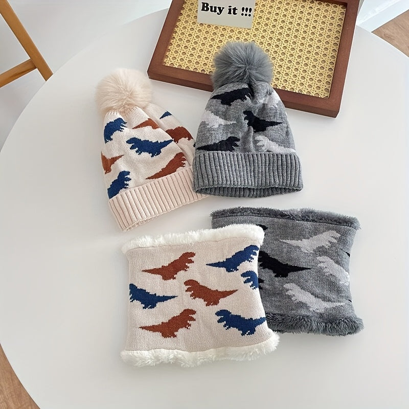 Kids Dino Knit Beanie Hat & Velvet Neck Gaiter Set