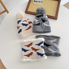Kids Dino Knit Beanie Hat & Velvet Neck Gaiter Set