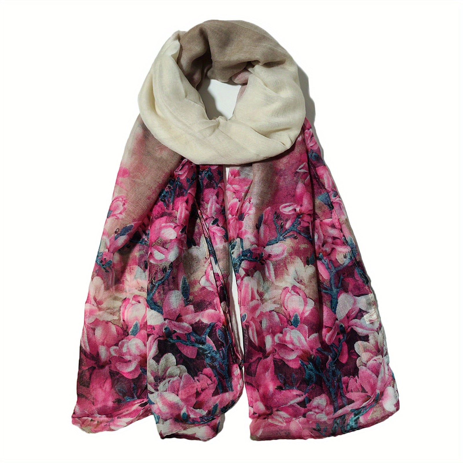 Vintage Flower Print Scarf Pink Gradient Warm Shawl Women
