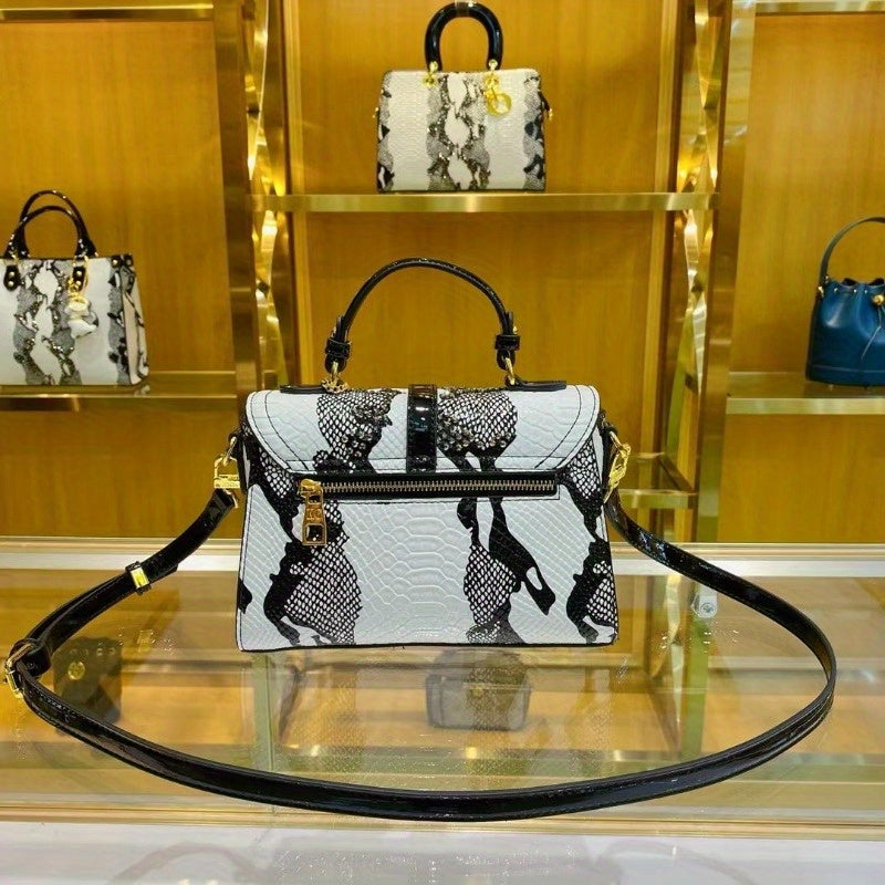 Snake Print Handbag w/ Golden Accents Detachable Strap & Zipper Closure