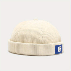Unisex Corduroy No Brim Beanie Hat With Label Letter Style