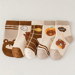 5pairs Kids Cartoon Bear Pattern Socks Soft Comfy Socks for Autumn Winter