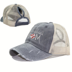 Mom Embroidery Ponytail Trucker Hat Distressed Softball Mom Baseball Cap