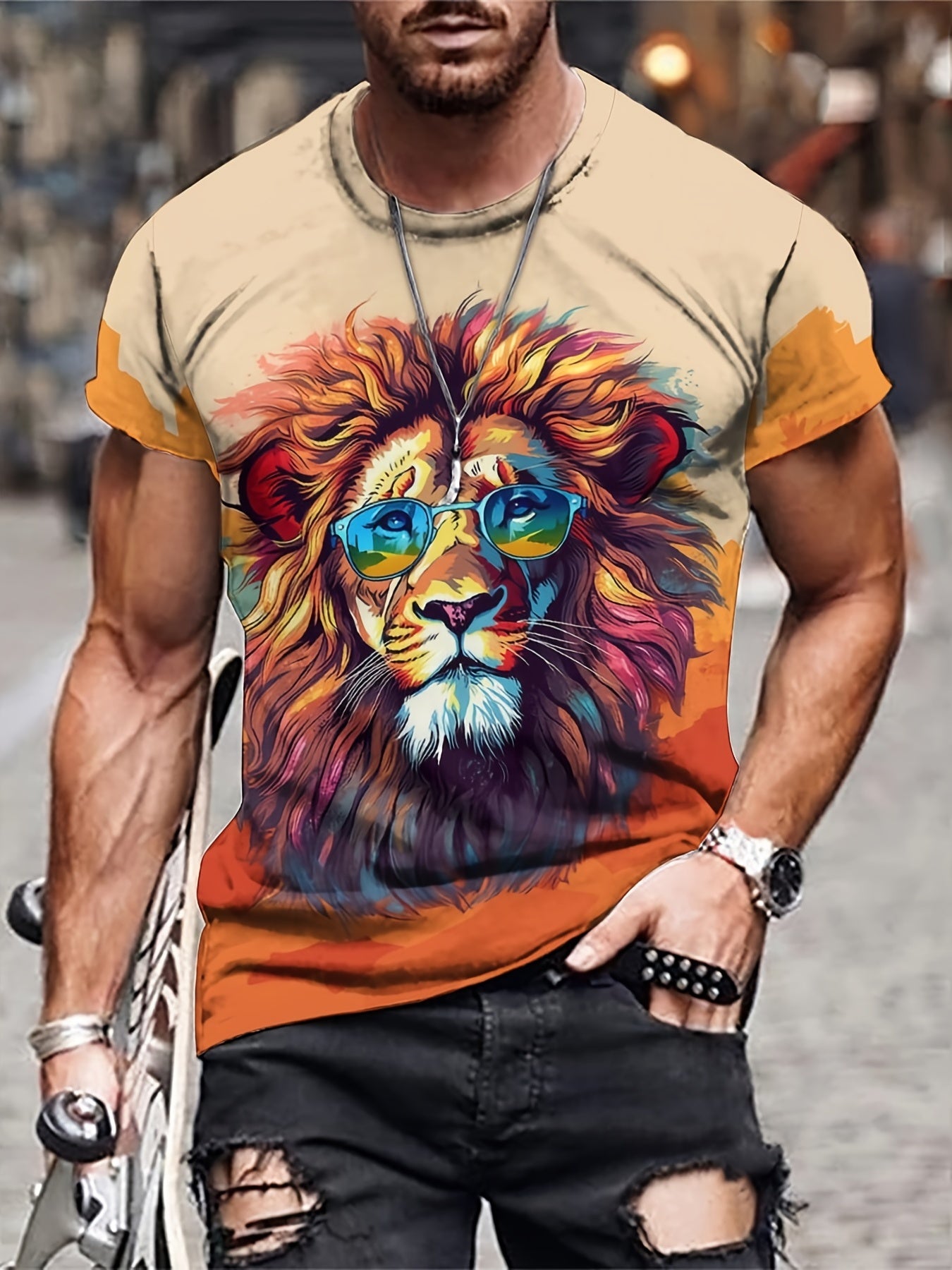 Men's 3D Lion T-shirt Stretchy Breathable Tee