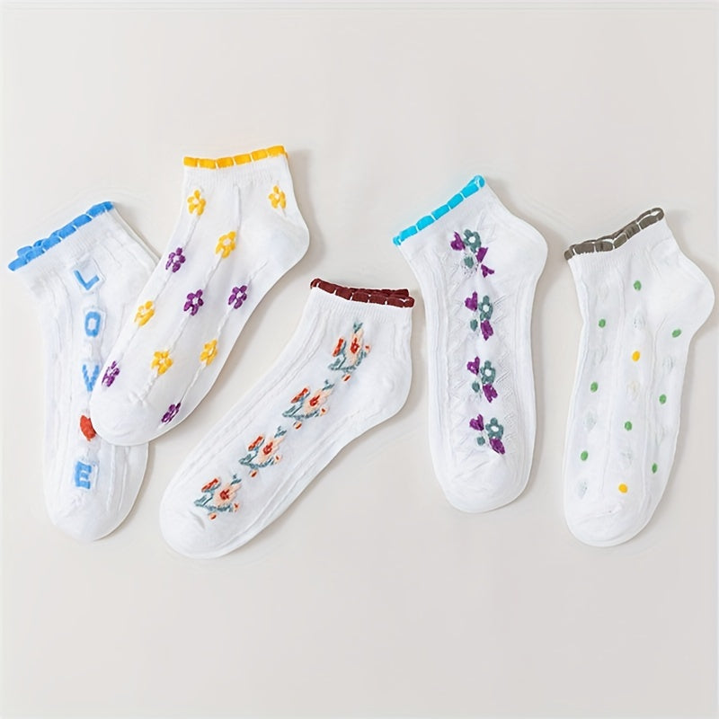 5 Pair Floral Print Low Cut Socks Women's Stockings