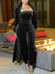 Velvet Jumpsuit & Coat Fuzzy Set Women's Plus Solid Slight Stretch