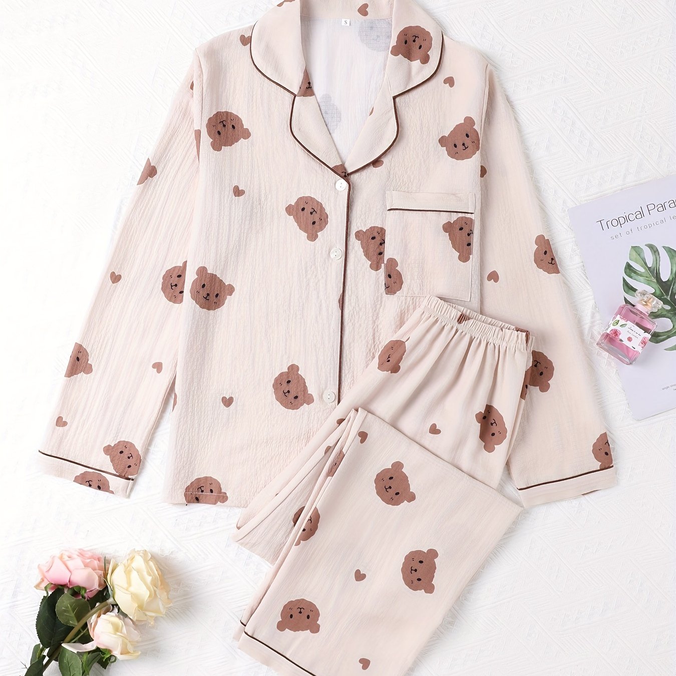 Bear Print Pajama Set Long Sleeve Top & Pants Women's Sleepwear