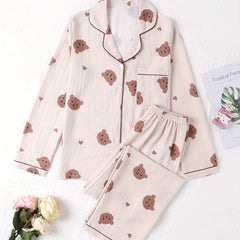 Bear Print Pajama Set Long Sleeve Top & Pants Women's Sleepwear