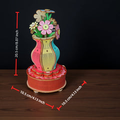 Wooden Puzzle Model Vase Music Box - 3D DIY Building Blocks Flower Ornament