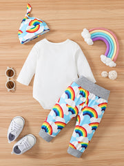 Cartoon Graphic Baby Layette Set: Bodysuit, Pants, Hat