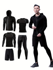 Men's Sports Set Zip Up Hoodie Jacket & Fitness T shirt Top & High Stretch Short