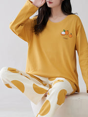 Cartoon Print Pajama Set Long Sleeve Crew Neck Top & Elastic Waistband Pants