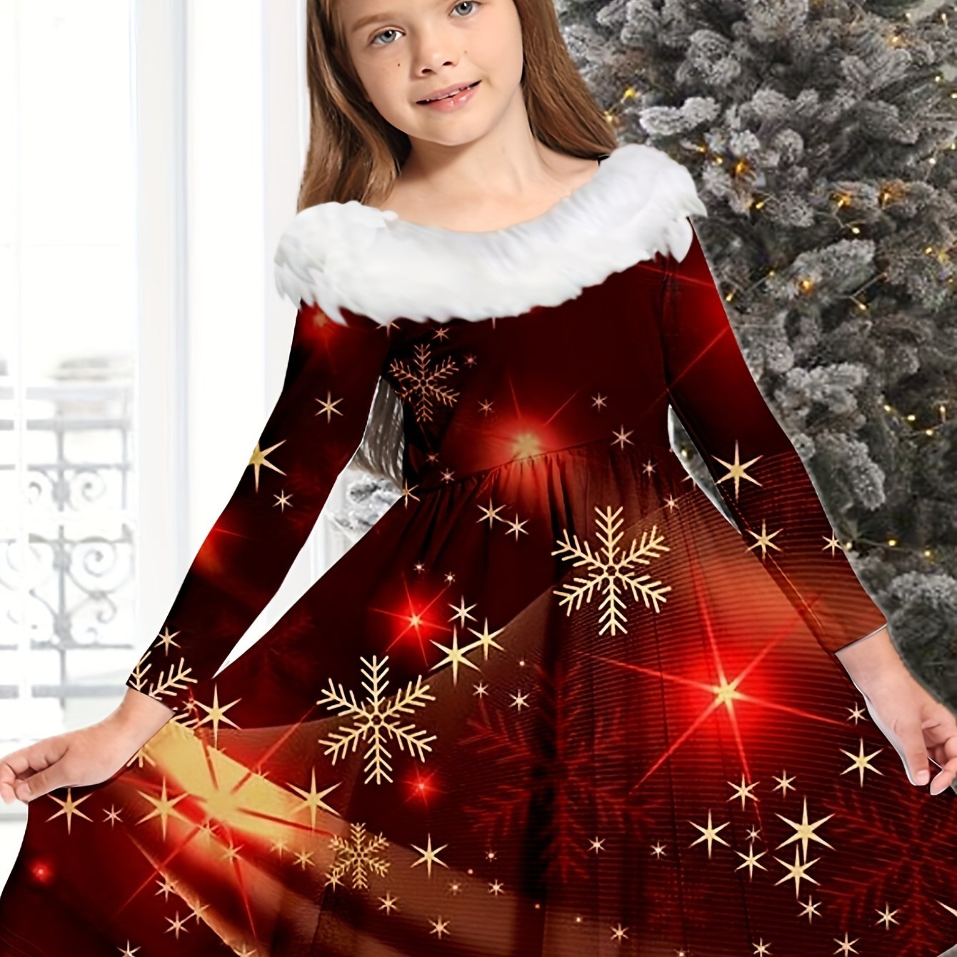 Snowflake & Fire Work Plush Collar Dress for Christmas