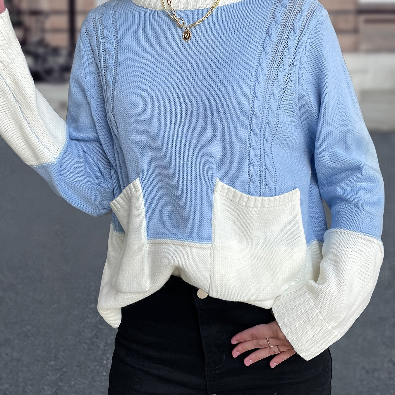 Colorblock Crew Neck Pocket Sweater Loose Long Sleeve Knit Fall Winter