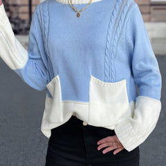 Colorblock Crew Neck Pocket Sweater Loose Long Sleeve Knit Fall Winter