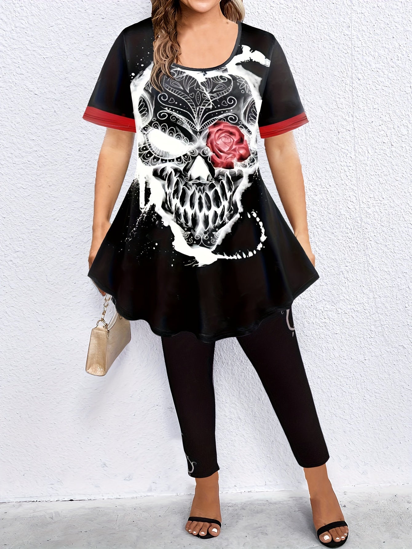 Women's Plus Size Skull & Floral Print Top & Leggings Set