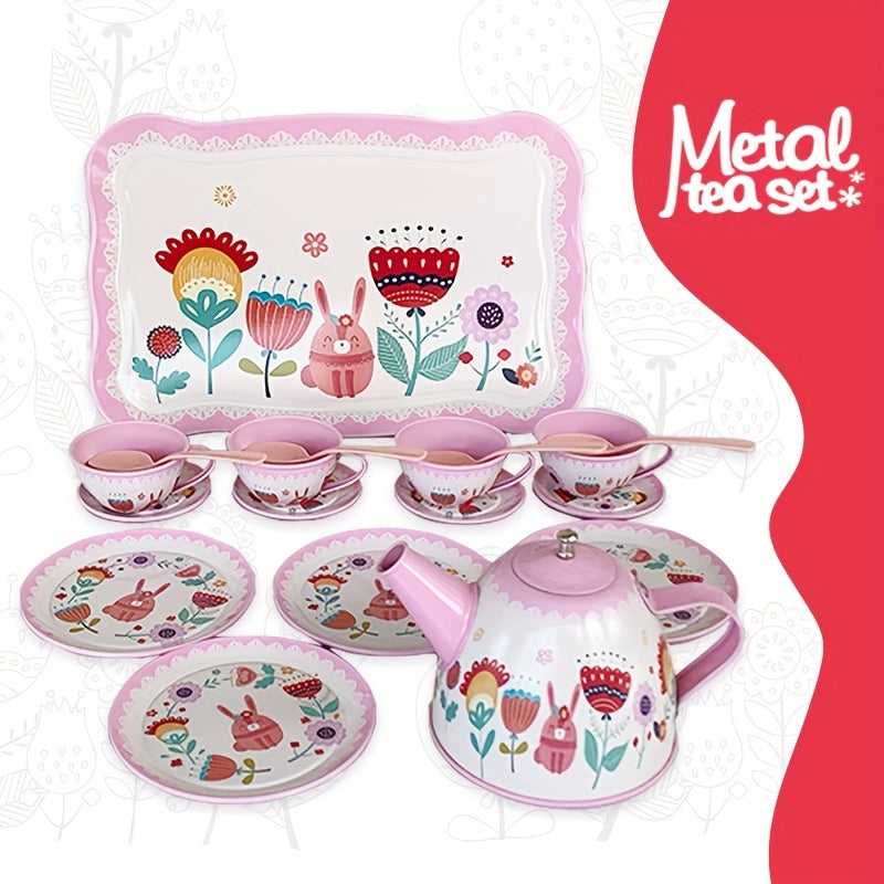 19-Piece Metal Tea Set Toy Kitchen with Pink Flowers and Animals