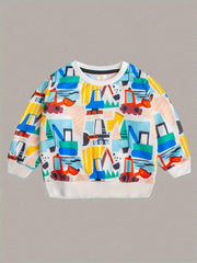 Excavator Pattern Boy's Long Sleeve T-shirt Block Loose Round Neck Casual Top