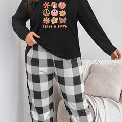 Floral Print Tee & Plaid Pants Lounge Set