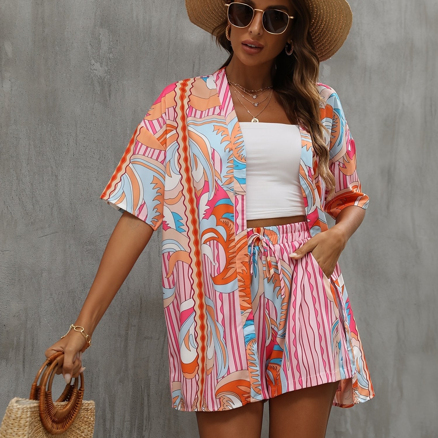 Boho Striped Graphic Print Vacation Two piece Set Blouse & Shorts