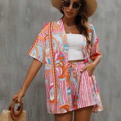 Boho Striped Graphic Print Vacation Two piece Set Blouse & Shorts