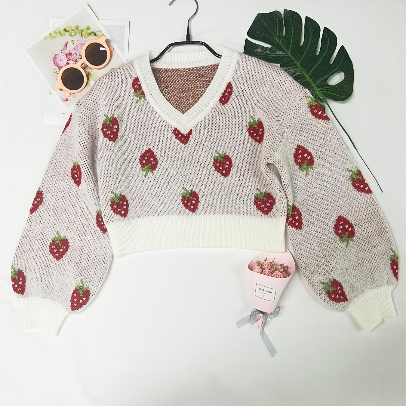 Girls Strawberry Jacquard Sweater Cropped Length