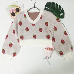 Girls Strawberry Jacquard Sweater Cropped Length