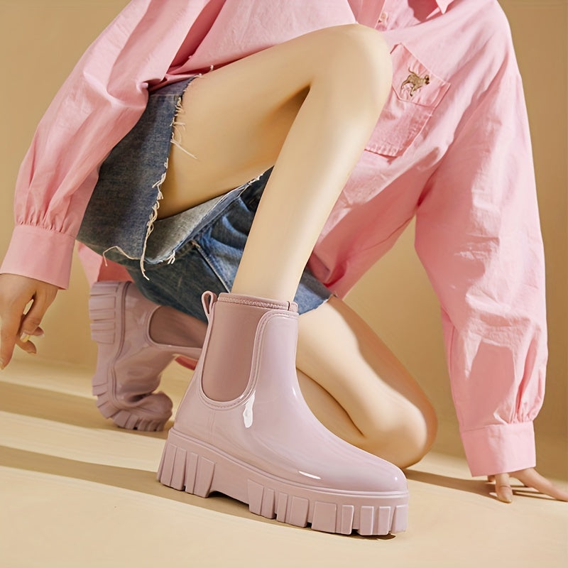 Women's Waterproof Rain Boots Thick Sole Slip On Chelsea Boots Round Toe