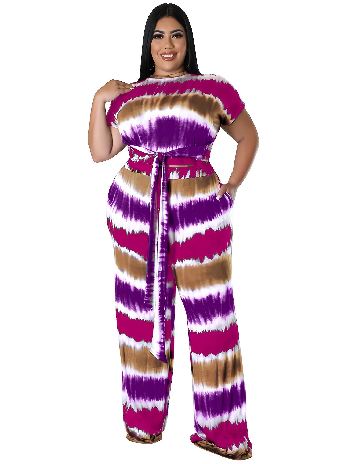 Tie Dye Short Sleeve Belted Crop Top & Loose Pants Set
