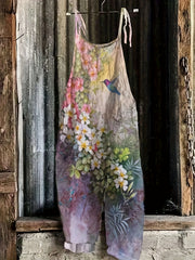 Floral & Bird Print Tie Shoulder Wide Leg Jumpsuit
