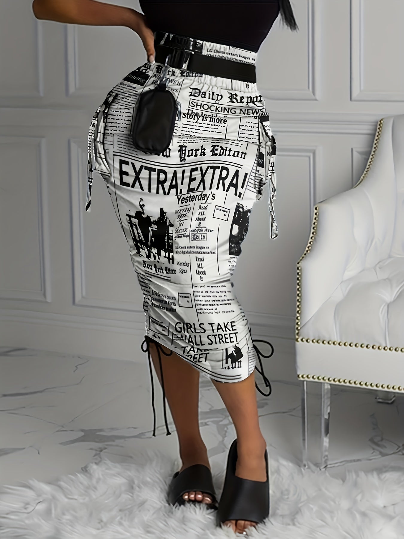 Y2K Newspaper Print Drawstring Skirt Bodycon Women's Clothing
