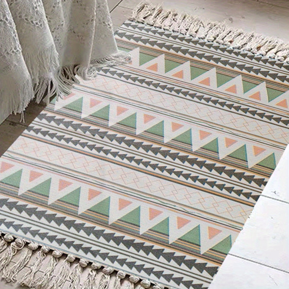 Boho Rainbow Tassel Mat, Cotton Linen, Room Decor