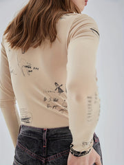 Letter Print Crew Neck Bodysuit Y2K Long Sleeve Slim Bodysuit