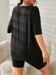 Letter Print Lounge Set Crew Neck Top & Elastic Waistband Shorts