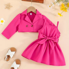 Baby Girl's 2pcs Set Lapel Long Sleeve Coat Belted Suspender Skirt Party Outfit