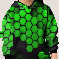 Green Honeycomb Pattern Hoodie For Kids Pullover Hooded Long Sleeve Top