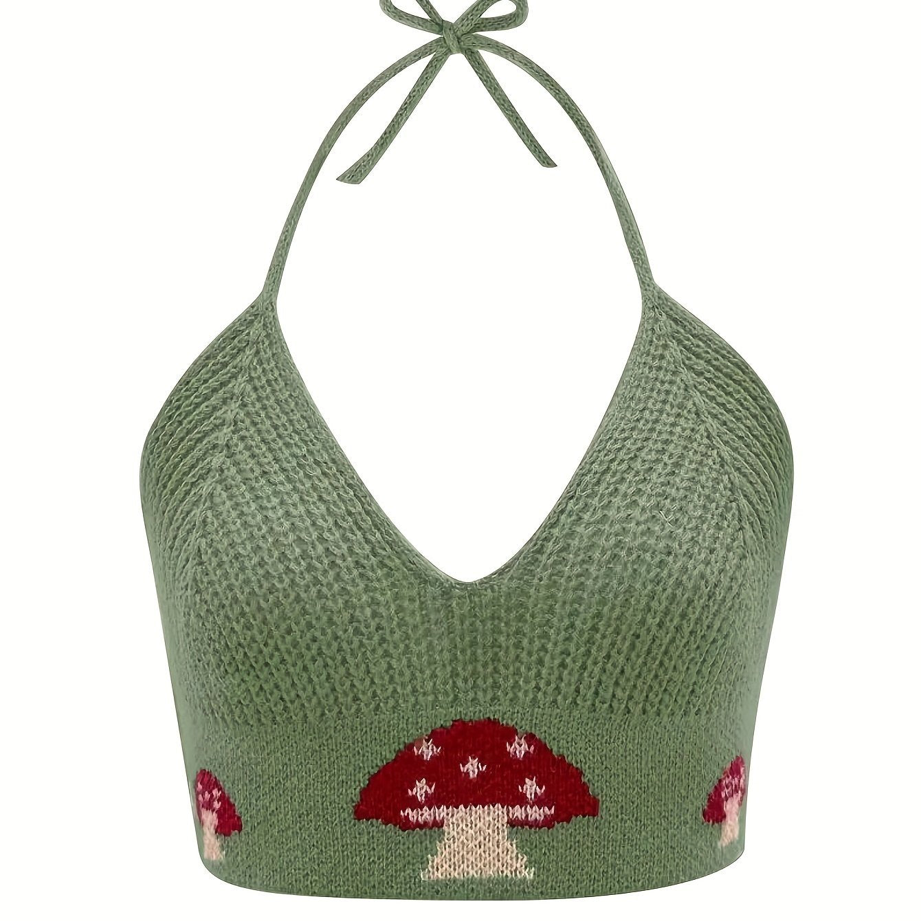 Y2K Mushroom Print Halter Top Sexy V Neck Summer Sleeveless Top
