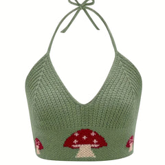 Y2K Mushroom Print Halter Top Sexy V Neck Summer Sleeveless Top