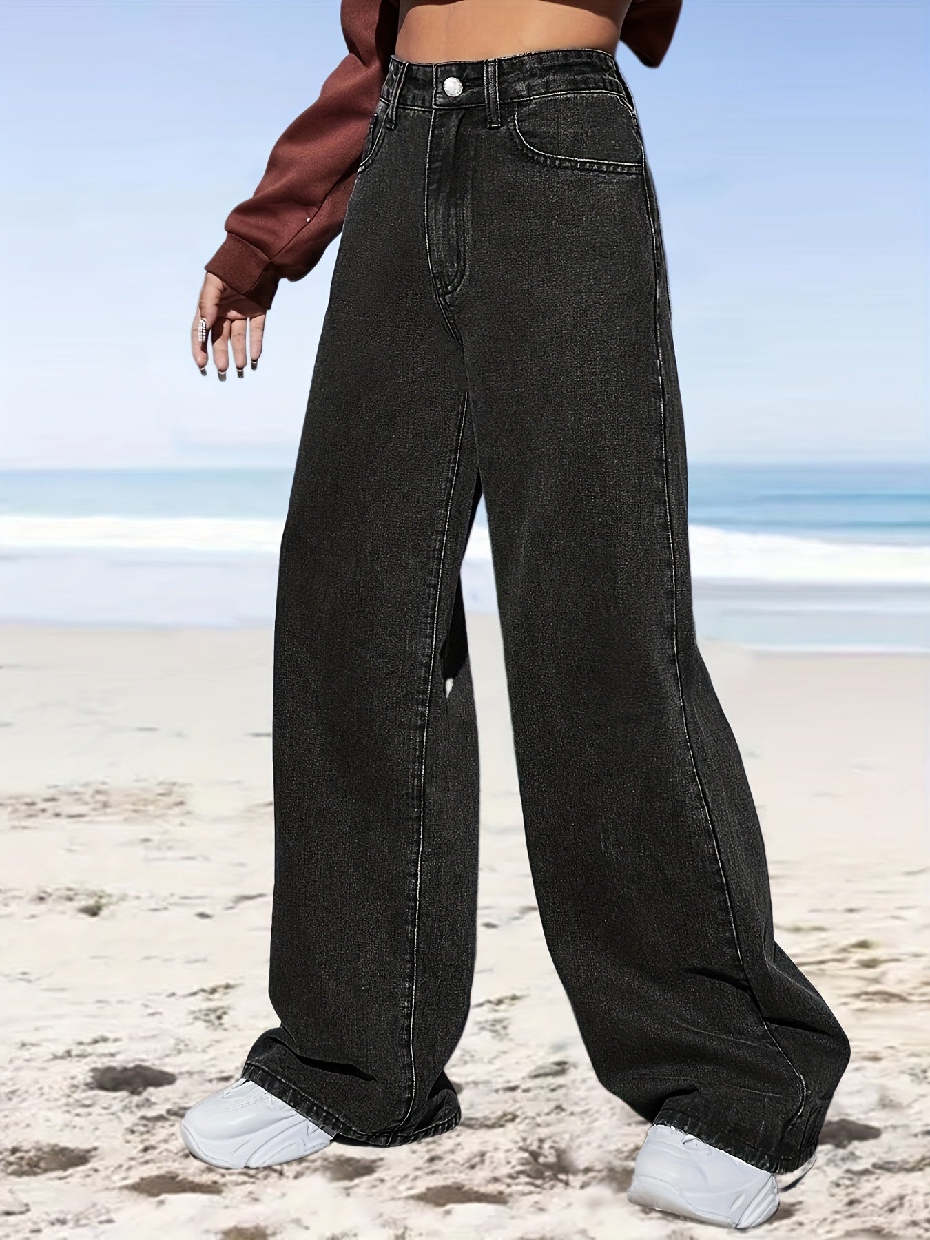 High Waist Straight Jeans Slash Pockets Loose Fit