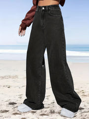 High Waist Straight Jeans Slash Pockets Loose Fit