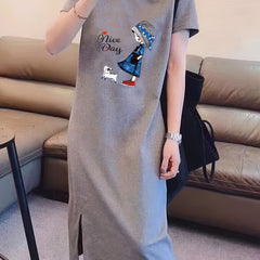 Cartoon Print Short Sleeve Dresses Casual & Comfy Side Split Loose Sleep Dresses