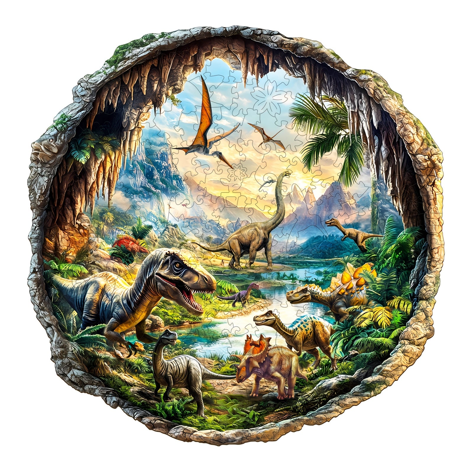 Jurassic Cave Wooden Jigsaw Puzzle Dinosaur Prehistoric Scene Vibrant Colors